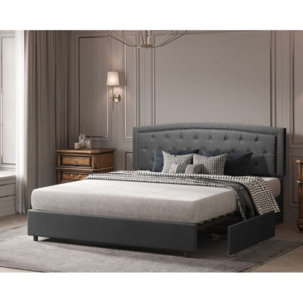 Jashod Bed Frame Upholstered Low Profile Platform Bed with Tufted Faux Leather Headboard - Chic Decora