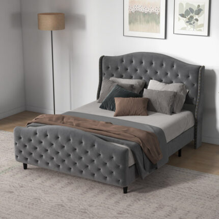 50in High Linen Upholstered Bed Frame With LED Light and Charging Station - Chic Decora