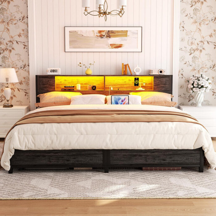 Kailynn Metal Bed Frame with Headboard, LED Lights and USB Ports, Large Storage Space - Chic Decora