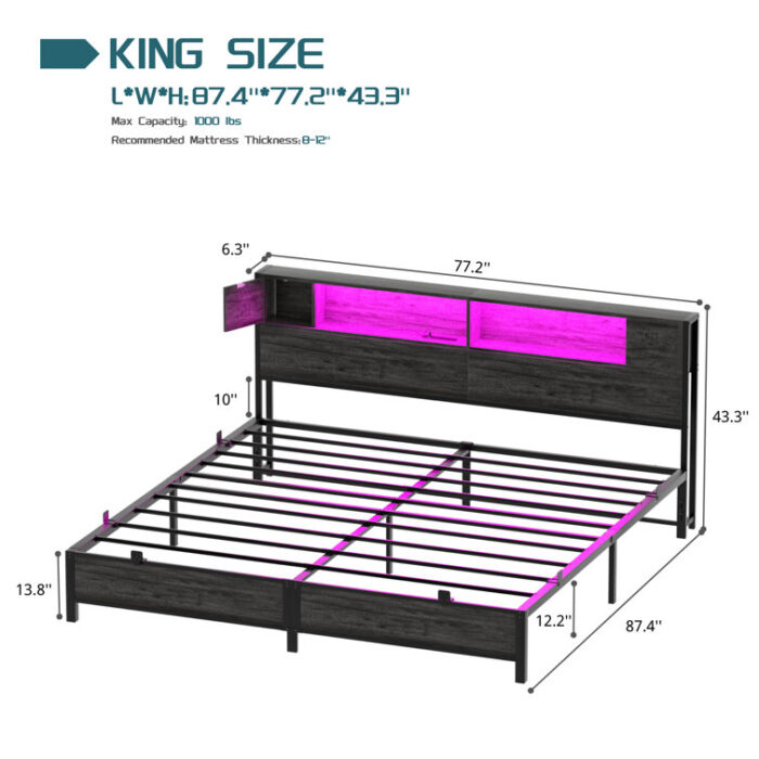 Kailynn Metal Bed Frame with Headboard, LED Lights and USB Ports, Large Storage Space - Chic Decora