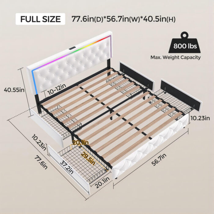 Kalianna Headboard Bed Frame With LED Light, Queen 1.6m X 2m, 4 Drawers On Rollers, Wood+ Iron - Chic Decora