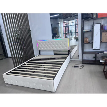 50in High Linen Upholstered Bed Frame With LED Light and Charging Station - Chic Decora