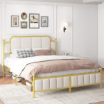 Karese Queen Size Metal Bed Frame with Upholstered Headboard, Under Bed Storage, Gold Beige - Chic Decora