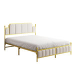 Karese Queen Size Metal Bed Frame with Upholstered Headboard, Under Bed Storage, Gold Beige - Chic Decora