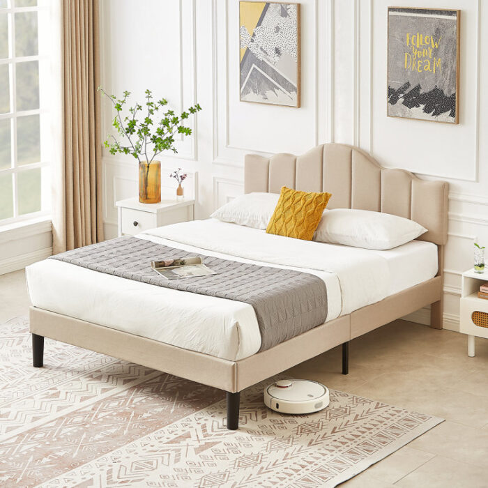 Kempst Upholstered Platform Bed Frame with Headboard - Chic Decora