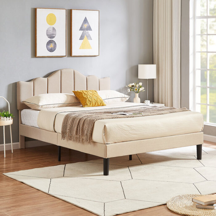 Kempst Upholstered Platform Bed Frame with Headboard - Chic Decora