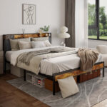 Kewarra Platform, Metal Bed Frame with Storage Headboard, Sturdy and Stable - Chic Decora