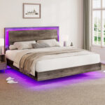 Keynen Farmhouse Floating Bed Frame with LED Light and Headboard - Chic Decora