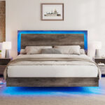 Keynen Farmhouse Floating Bed Frame with LED Light and Headboard - Chic Decora