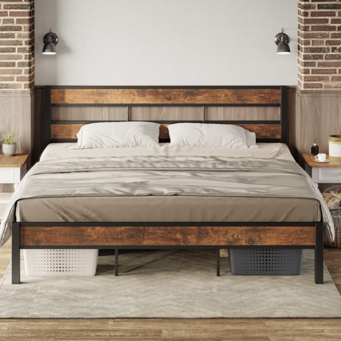 King Bed Frame And Headboard, Easy Assembly, Noise-free, No Box Spring Needed, Heavy Strong Metal Support Frames, Double-row Support Bars, Rustic Brown - Chic Decora