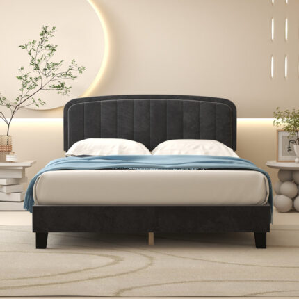 Kuhns Platform Bed Frame with Upholstered Headboard and 12 Wooden Slats - Chic Decora