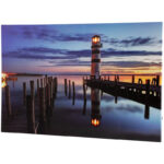 LED Lighted Coastal Sunset Lighthouse Scene Canvas Wall Art 15.75″ x 23.5″ - Chic Decora