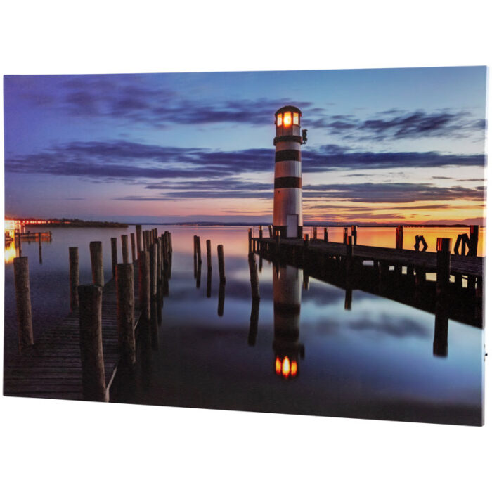 LED Lighted Coastal Sunset Lighthouse Scene Canvas Wall Art 15.75″ x 23.5″ - Chic Decora