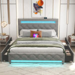 Latorri Gray 4 Drawers Upholstered Bed With Adjustable Headboard And Led Lights - Chic Decora