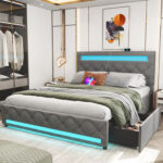 Latorri Gray 4 Drawers Upholstered Bed With Adjustable Headboard And Led Lights - Chic Decora