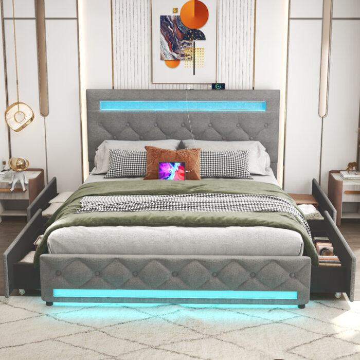 Latorri Gray 4 Drawers Upholstered Bed With Adjustable Headboard And Led Lights - Chic Decora