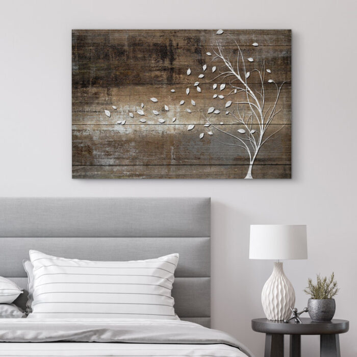 Leaves Blown Away By Wind From Tree Wood Effect Rustic Large Framed Canvas Picture Print Wall Art - Chic Decora