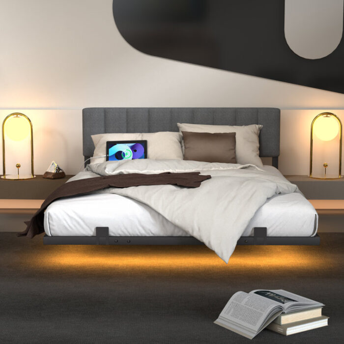 Leevicker Floating Platform Bed with LED Lights - Chic Decora