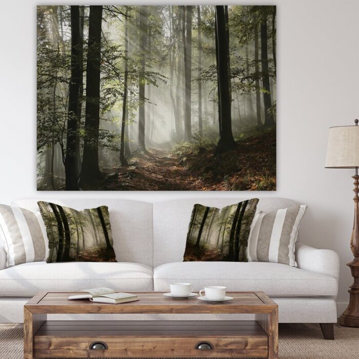 Light In Dense Fall Forest With Fog Artwork - Chic Decora