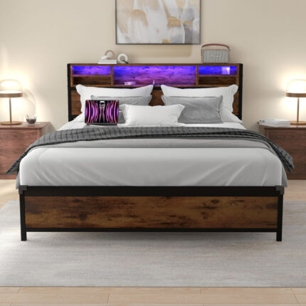 Linkwood Modern Platform Bed Frame with 2-Tier Storage Headboard, LED Lights and USB Ports - Chic Decora