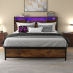 Linkwood Modern Platform Bed Frame with 2-Tier Storage Headboard, LED Lights and USB Ports - Chic Decora