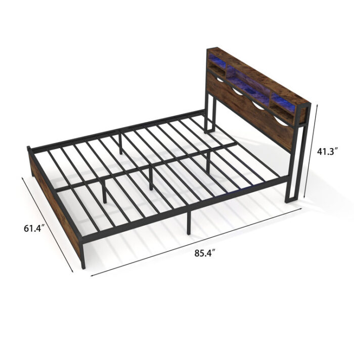 Linkwood Modern Platform Bed Frame with 2-Tier Storage Headboard, LED Lights and USB Ports - Chic Decora