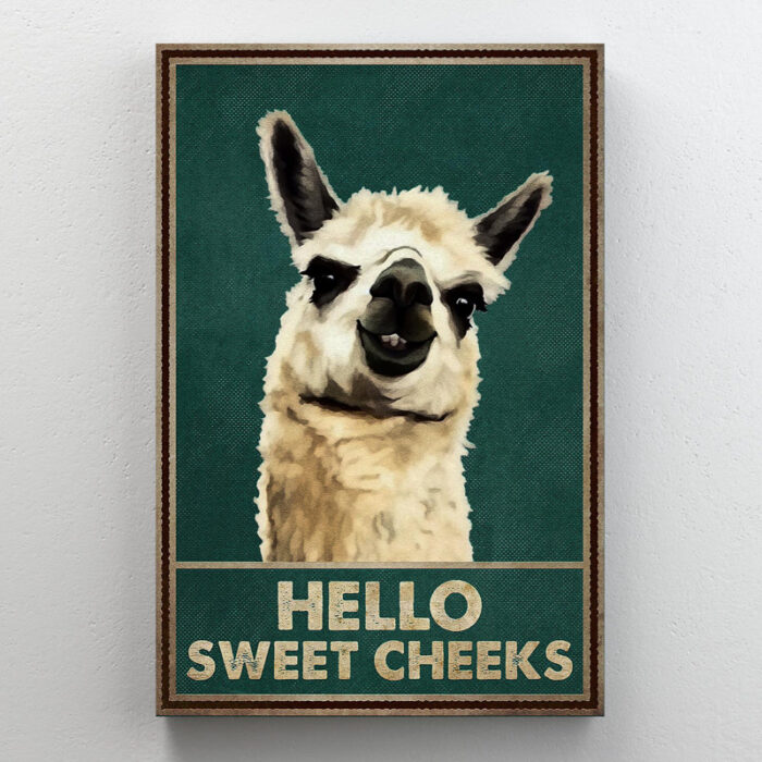 Llama – Why Hello Sweet Cheeks Gallery Wrapped Canvas – Bath And Laundry Animal Illustration Decor, Beige And Dark Green Bathroom Decor - Chic Decora