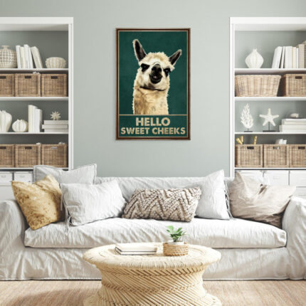 Llama – Why Hello Sweet Cheeks Gallery Wrapped Canvas – Bath And Laundry Animal Illustration Decor, Beige And Dark Green Bathroom Decor - Chic Decora