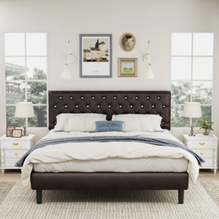 Mandipa Faux Leather Upholstered Bed with Diamond Tufted Headboard - Chic Decora