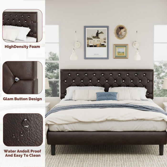 Mandipa Faux Leather Upholstered Bed with Diamond Tufted Headboard - Chic Decora