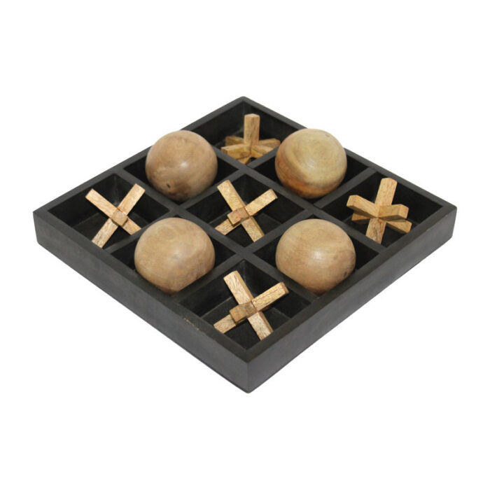 Mango Wood and Metal 10×10 Tic Tac Toe Board Game in Black – 10″ x 10″ x 2″ - Chic Decora