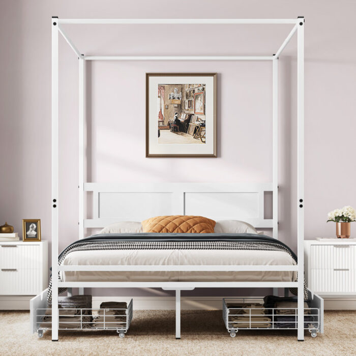 Manner Queen Storage Canopy Bed with 2 Drawers - Chic Decora