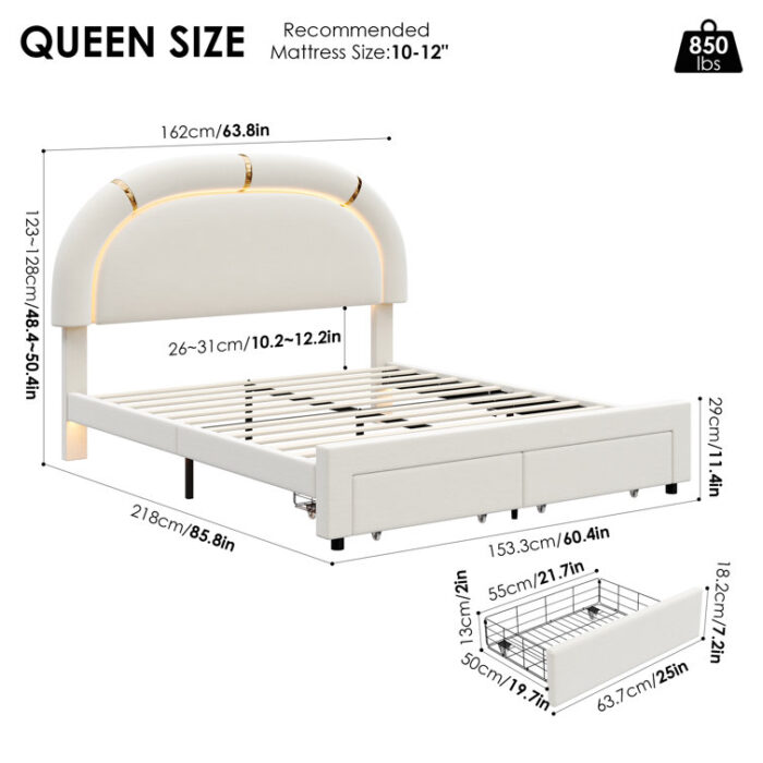 Mazelina Upholstered LED Bed Frame with Drawer & Adjustable Headboard, Storage Bed, Velvet - Chic Decora