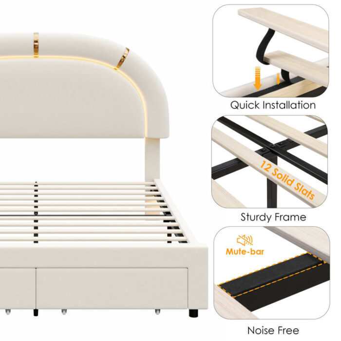 Mazelina Upholstered LED Bed Frame with Drawer & Adjustable Headboard, Storage Bed, Velvet - Chic Decora