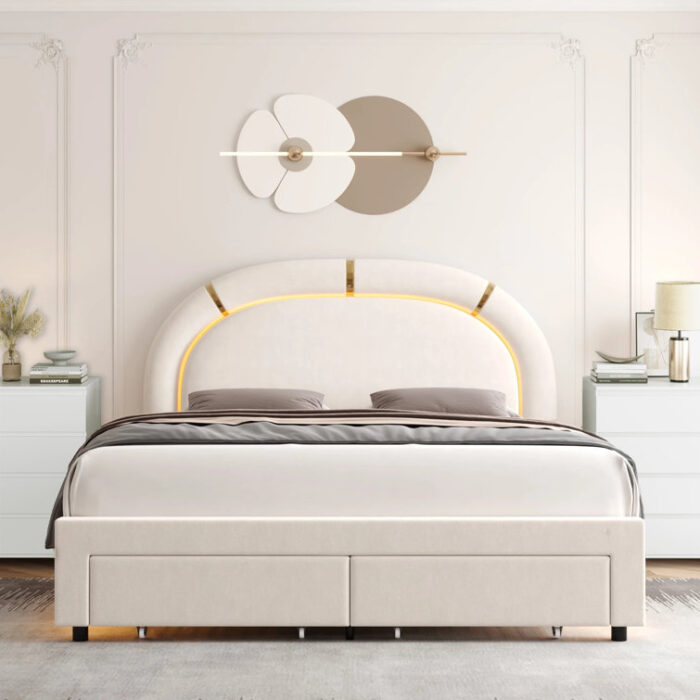 Mazelina Upholstered LED Bed Frame with Drawer & Adjustable Headboard, Storage Bed, Velvet - Chic Decora