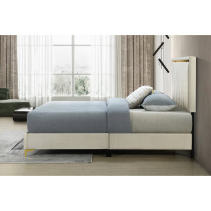 Memarie Velvet Queen Upholstered Platform Bed with Gold Legs and Gold Trim - Chic Decora