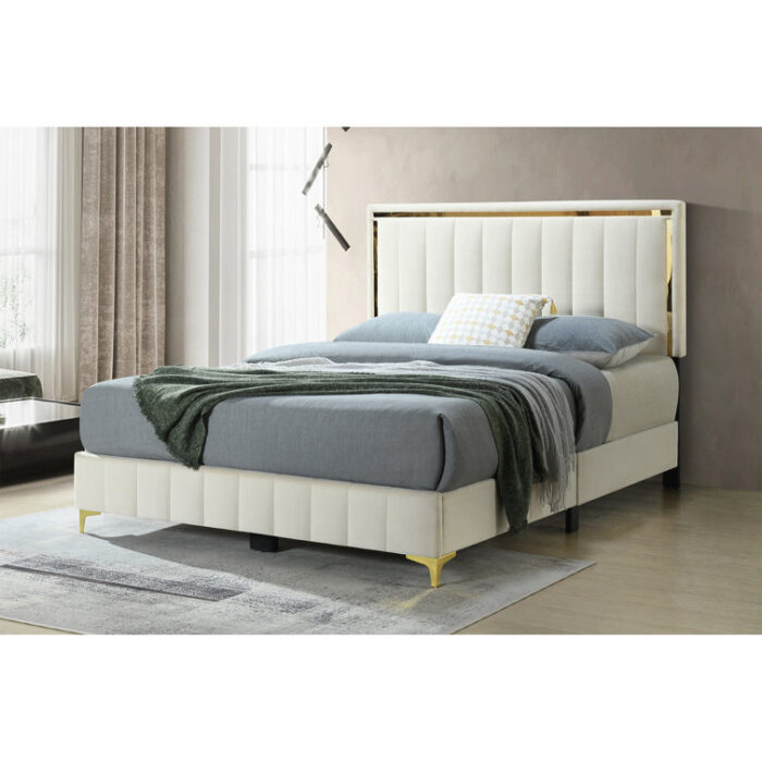 Memarie Velvet Queen Upholstered Platform Bed with Gold Legs and Gold Trim - Chic Decora