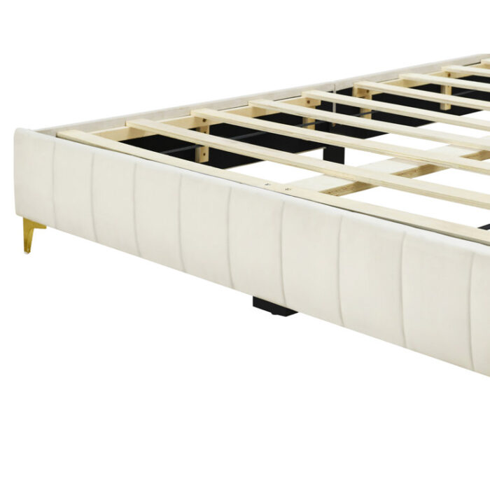 Memarie Velvet Queen Upholstered Platform Bed with Gold Legs and Gold Trim - Chic Decora