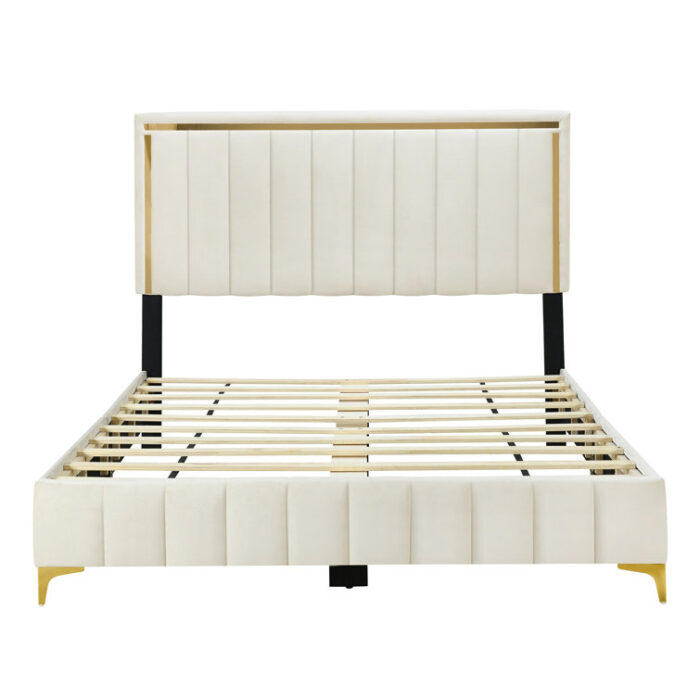 Memarie Velvet Queen Upholstered Platform Bed with Gold Legs and Gold Trim - Chic Decora