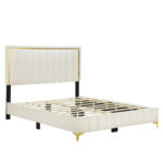 Memarie Velvet Queen Upholstered Platform Bed with Gold Legs and Gold Trim - Chic Decora