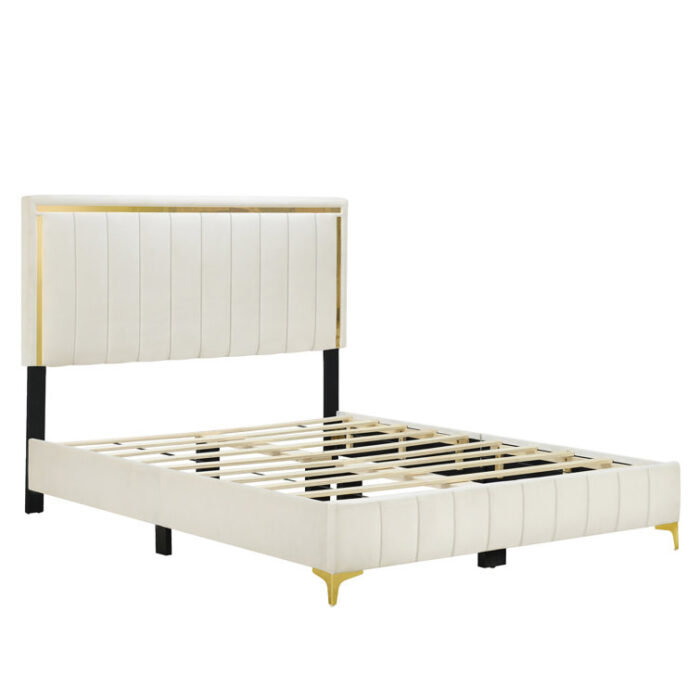 Memarie Velvet Queen Upholstered Platform Bed with Gold Legs and Gold Trim - Chic Decora