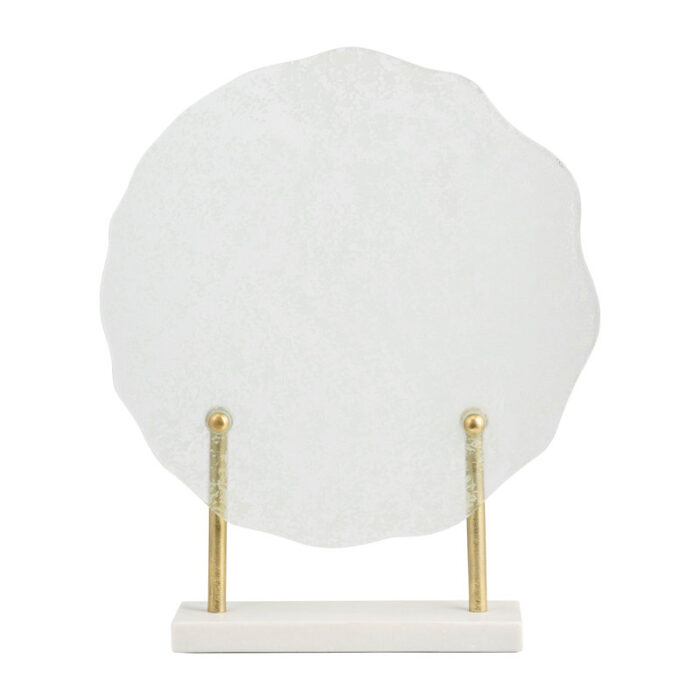 Metal, 21″H, Speckled Glass Disc On Marble Stand and White, Round - Chic Decora