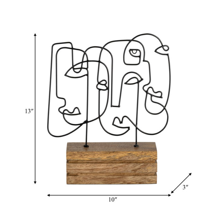 Metal Abstract Faces Table Deco, Black and Brown, Unique Sculpture Crafted with Iron and Wood - Chic Decora