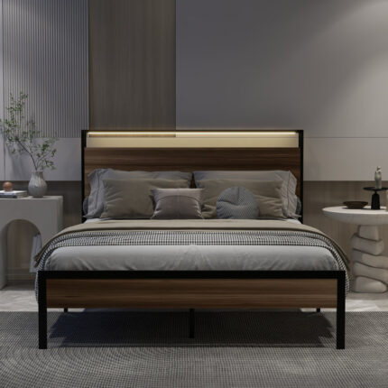 Floating Bed Frame with LED Lights, Upholstered Platform Bed - Chic Decora