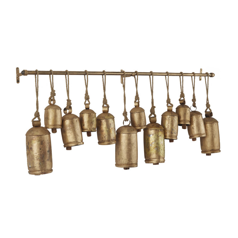 Metal Tibetan Inspired Decorative Cow Bells with 12 Bells on Jute Hanging Ropes and Rod - Chic Decora