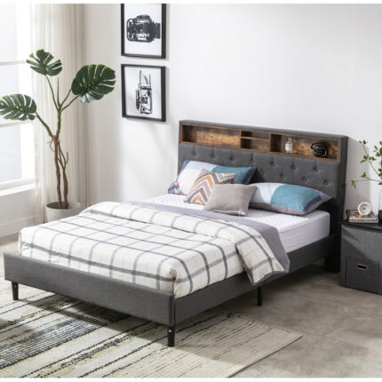 Modern Upholstered Bed Frame with 4 Storage Shelves - Chic Decora