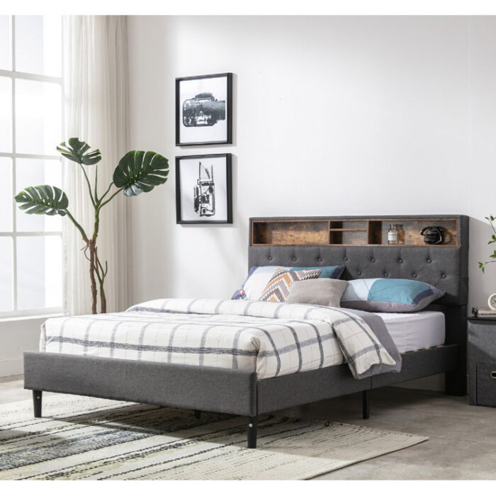 Modern Upholstered Bed Frame with 4 Storage Shelves - Chic Decora