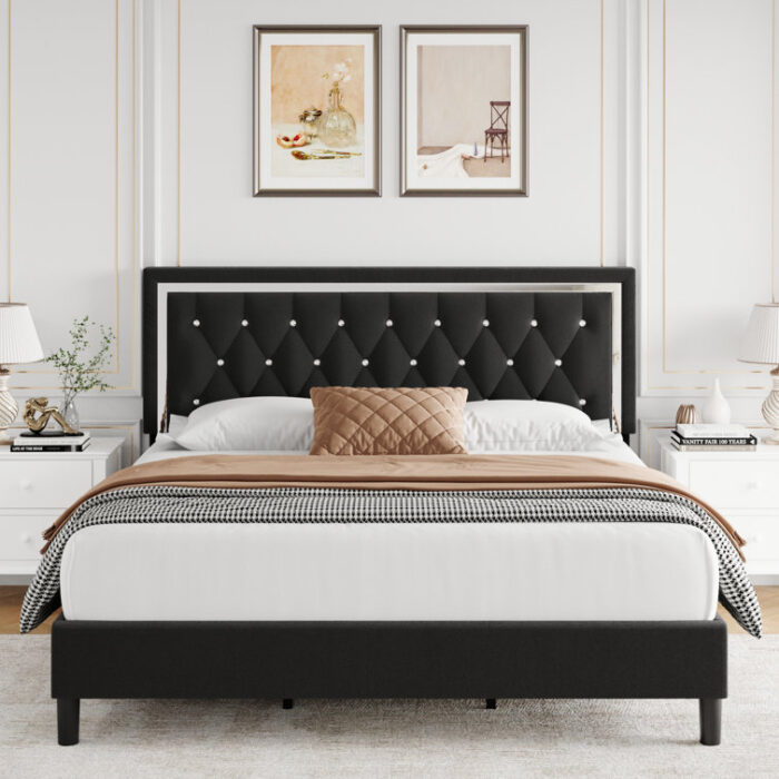 Nahili Low-Profile Velvet Upholstered Platform Bed, Wood Bed Frame With Adjustable Headboard - Chic Decora