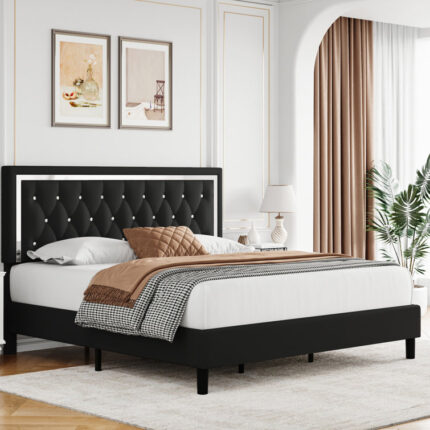 Nahili Low-Profile Velvet Upholstered Platform Bed, Wood Bed Frame With Adjustable Headboard - Chic Decora