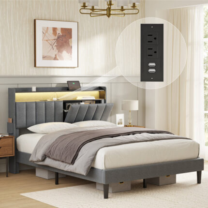 Neavins Bed Frame with Storage Headboard & LED Light, Upholstered Bed Frame with Outlet & USB Ports - Chic Decora